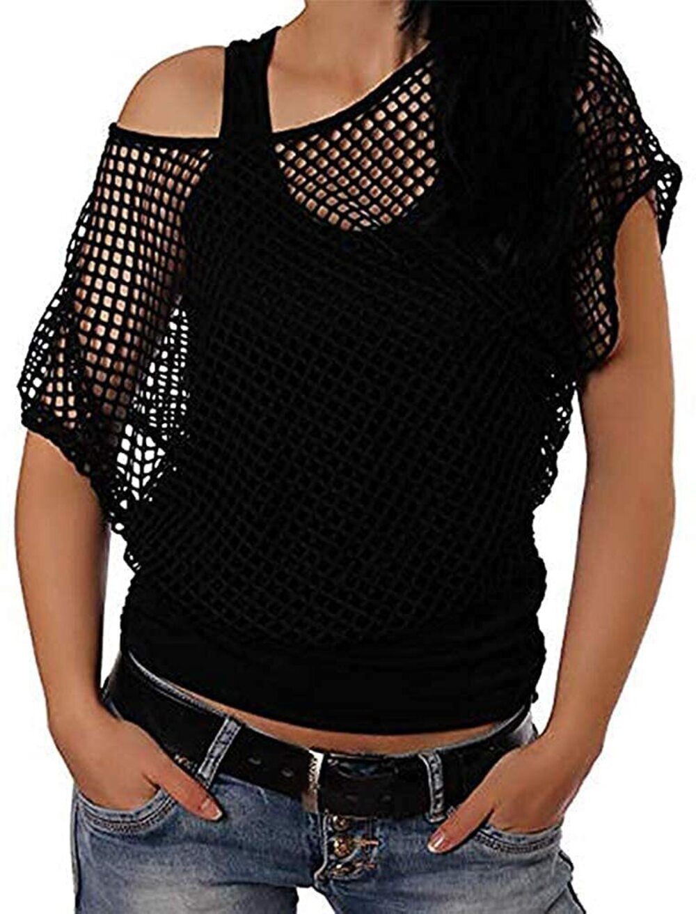 6112 Casual Sexy 80s/90s Costumes Fishnet Neon Off Shoulder T-Shirt Black